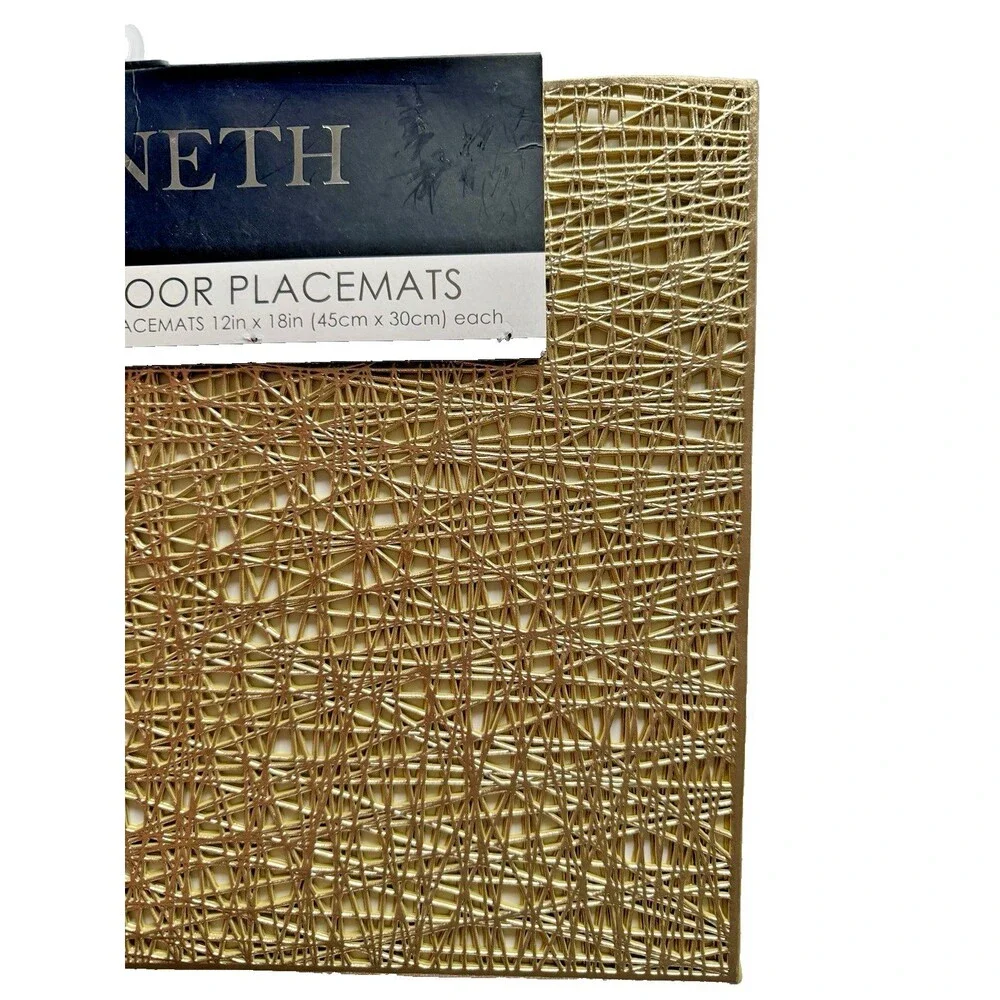 Kenneth Metallic Gold Open Weave Vinyl Placemats 12x18 Set of 4 Wipe Clean